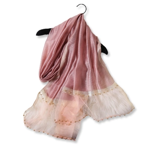 Elegant mauve silk wool shawl with metallic luster, faux fur trim and gold bead accents