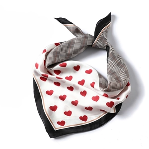 Houndstooth and red heart print silk-like square scarf for women with elegant black borders