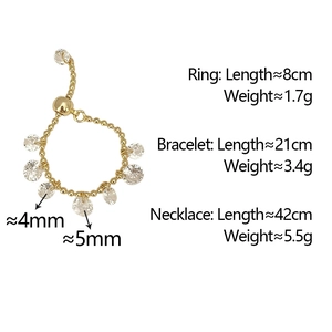 Detailed size chart for the gold beaded necklace, bracelet and ring with zircon gems