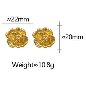 Detailed view of gold-plated rose earrings with dimensions and weight measurements