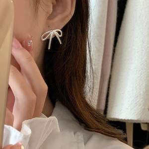 Ribbon Bow Stud Earrings And Faux Artificial Pearl Necklace Copper 14K Gold Silver Plated Minimalist Niche Jewelry For Women