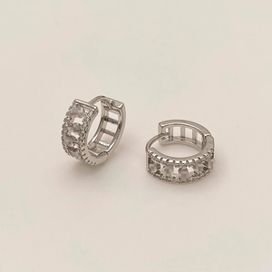 Macro shot of silver zircon earrings featuring delicate micro-paved sparkling crystals