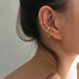 Ear Cuff Copper Zircon Hollow Star Dangle Chain Non Pierced Fashion Jewelry Women Elegant Simple