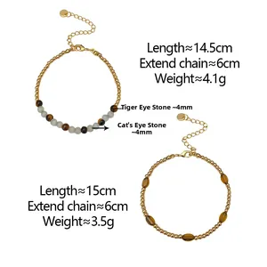 Detail of vintage beaded bracelets showing tiger eye stones and length measurements