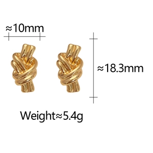 Detailed view of gold knot earrings showing dimensions 10mm width and 18.3mm height