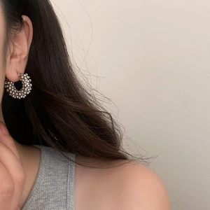 Elegant French style silver beaded hoop earrings with bohemian textured metal beads