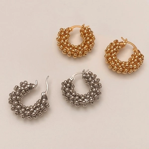 French style textured hoop earrings with metallic bead surface in gold and silver