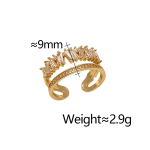 Detail of double-layer gold open ring with rectangle zircons and micro-pave crystals