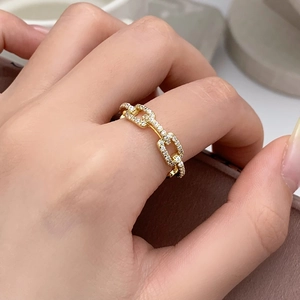Geometric Chain Link Ring Copper Zircon Micro Pave Full Diamond Adjustable Open Finger Jewelry Women Luxury Minimalist Fashion