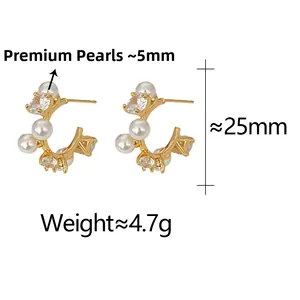 Technical dimensions of 25mm C-shaped gold pearl earrings with weight specifications