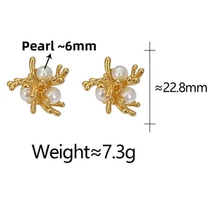 Detailed specs of gold coral branch earrings with 6mm shell pearls and 22.8mm height