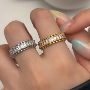 Baguette Cut Zircon Adjustable Open Ring Brass Gold Plated Geometric Fashion Jewelry For Women Elegant Temperament Accessory