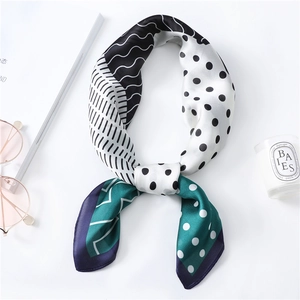 Polka dot and stripe patterned silk square scarf with minimalist geometric patchwork design