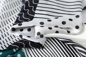 Detail of silk scarf with green, black, and white polka dots and geometric stripe pattern