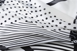 Close-up of silk scarf with black polka dots and striped pattern on white background