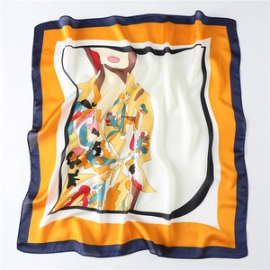 Detailed view of 70cm square silk scarf with vibrant abstract female pattern