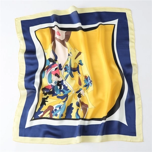 Modern abstract female portrait print satin square silk scarf in yellow and navy blue