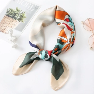 Elegant 70cm silk satin square scarf with geometric floral print for women's decoration