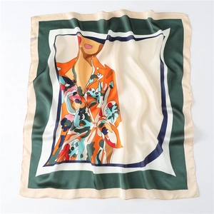 Macro detail of 70cm silk square scarf showing abstract art print and satin texture