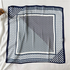 Detail of 70cm square silk scarf with navy geometric V patterns and white border