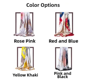 Multi-color satin square scarves with luxury chain patterns in a grid display layout