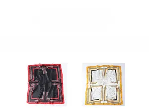 Detailed pattern of square satin scarf featuring geometric lines and polka dots