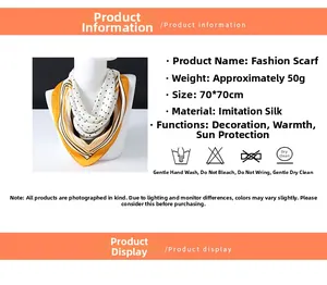 Polka dot faux silk scarf 70x70cm with orange border and detailed product specifications