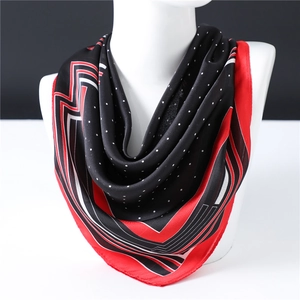 Chic 70cm polka dot silk square scarf featuring bold red and black geometric stripes