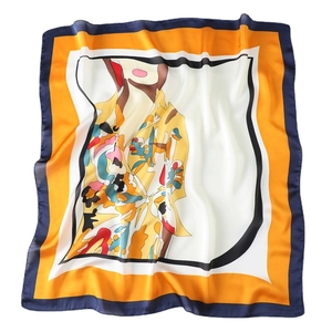 Artistic silk square scarf featuring abstract floral woman illustration and orange border