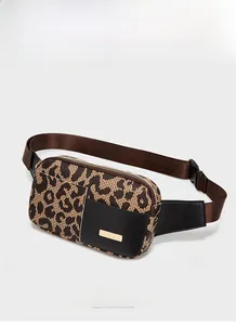 Detail of leopard print running fanny pack with golden plate and nylon strap in brown