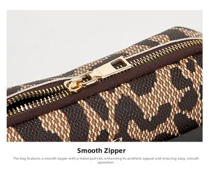 Detail of smooth gold metal zipper and animal print fabric on a sports waist bag