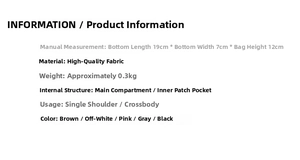 Detailed dimension guide showing the 19x7x12cm size of the crossbody shoulder bag
