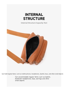 Internal structure of brown crossbody bag showing space for phone, lipstick and keys
