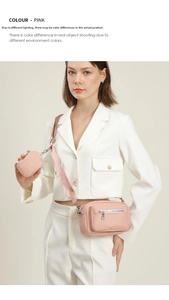 Pink nylon camera bag with adjustable strap and small coin pouch worn by a model