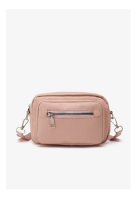 Detailed front view of pink minimalist crossbody bag with silver zipper and outer pocket