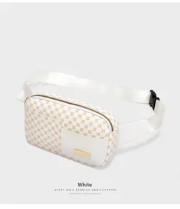 Detail of white printed waist bag featuring brown logo pattern and gold metal plate