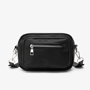 Black nylon crossbody bag with multi-pocket design and silver zippers for daily casual wear