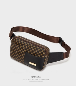 Macro view of coffee brown sports waist bag featuring geometric patterns and metal buckle