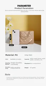 Detail view of apricot quilted PU crossbody bag with dimensions 20x13x6cm and gold chain