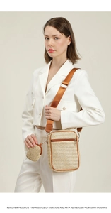 Dettaglio borsa a tracolla in paglia con tracolla in nylon su modella in blazer