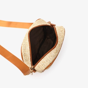 Borsa a tracolla rotonda in paglia da donna con finiture marroni e cerniera dorata superiore