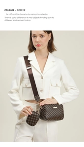 Modelo con bolso bandolera vintage café con un pequeño monedero redondo a juego
