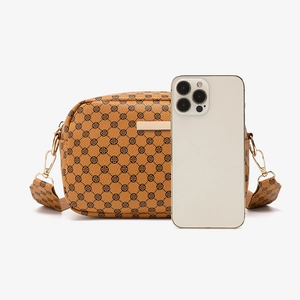 Vintage patterned brown crossbody bag set with stylish clover prints and metal zipper