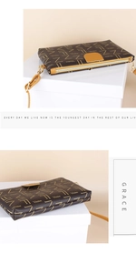 Detail view of brown printed leather texture and golden metal zipper on small crossbody bag