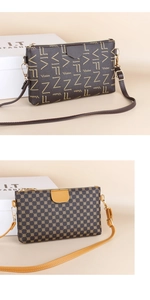 Detail view of stylish small crossbody bags with monogram print and contrast flap design