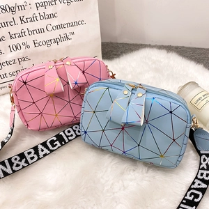 Pink and blue geometric pattern crossbody bags with wide letter-printed shoulder straps