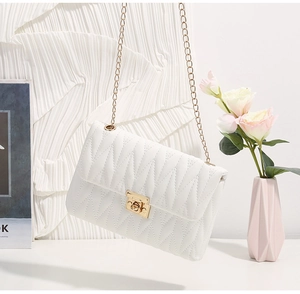 Detail of white pleated handbag featuring a gold turn-lock closure and slim chain strap