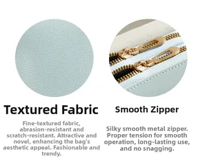 Detailed view of light blue litchi grain leather texture and durable gold dual metal zippers