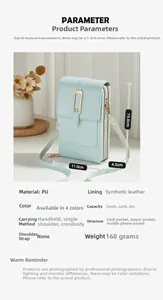 Detailed specs of blue vertical phone bag, size 19x11x4cm, with multi-layer interior