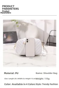 White quilted PU shoulder bag with dimensions 20x8x15cm and gold metal buckles